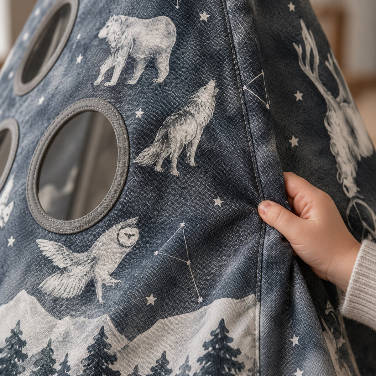 Close-up of the Night Sky forest print on navy cotton canvas