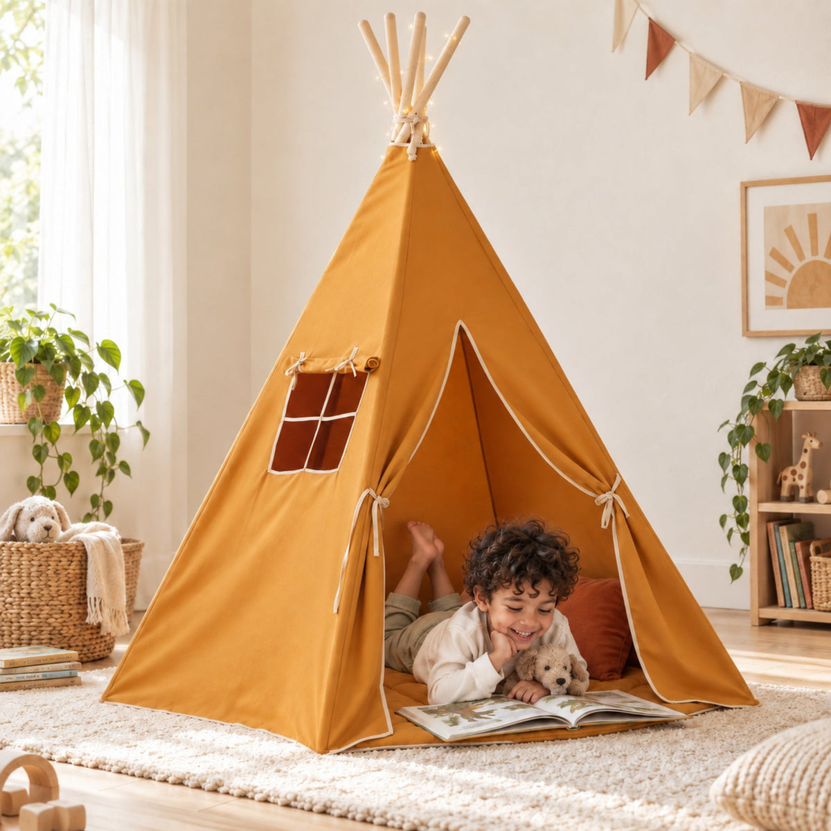 Ochre kids teepee set up in a child's bedroom