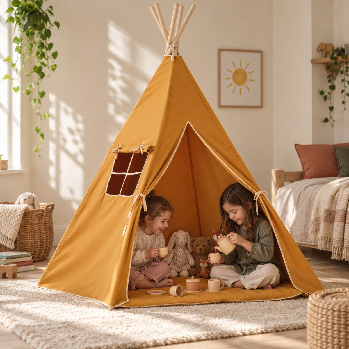 Children playing inside the Ochre kids teepee