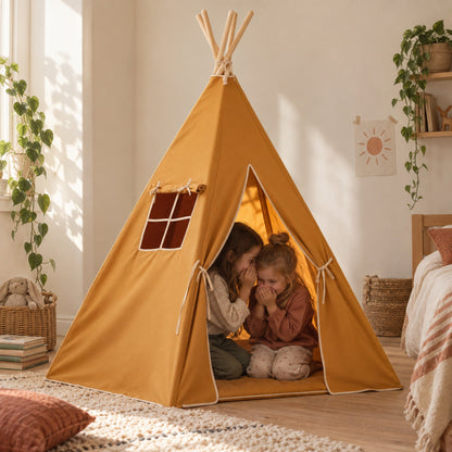 Two children sharing a secret inside the Ochre kids teepee