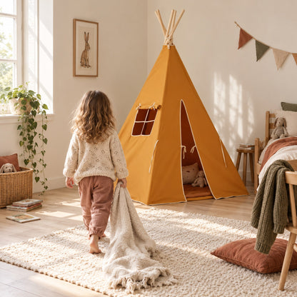 Child walking towards the Ochre kids teepee