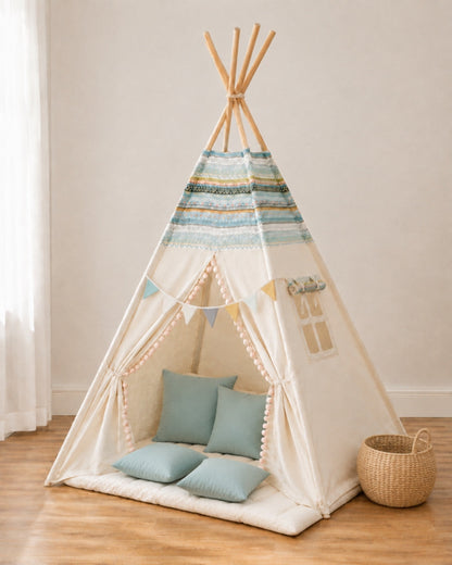 Original Pattern Kids Teepee – Full den set with mat, cushions, bunting and storage basket