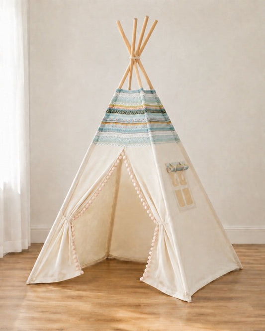 Original Pattern Kids Teepee — cotton canvas kids teepee tent on solid pine poles