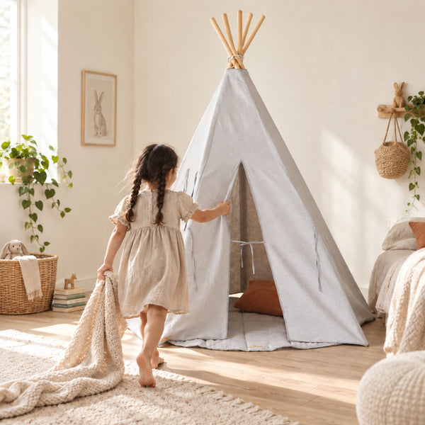 Pigeon Grey Linen kids teepee set up in a child's bedroom