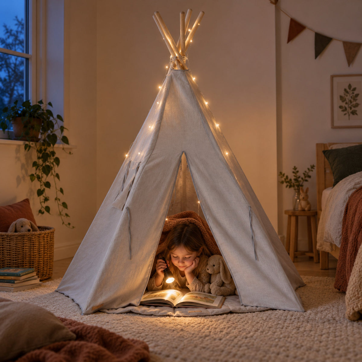 Child hiding inside the Pigeon Grey Linen kids teepee