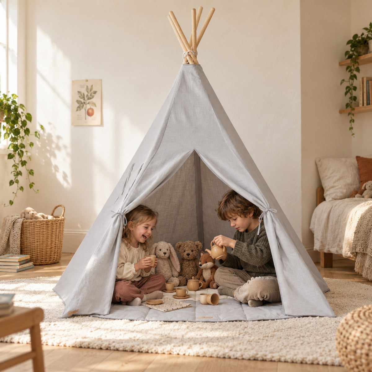 Children playing inside the Pigeon Grey Linen kids teepee