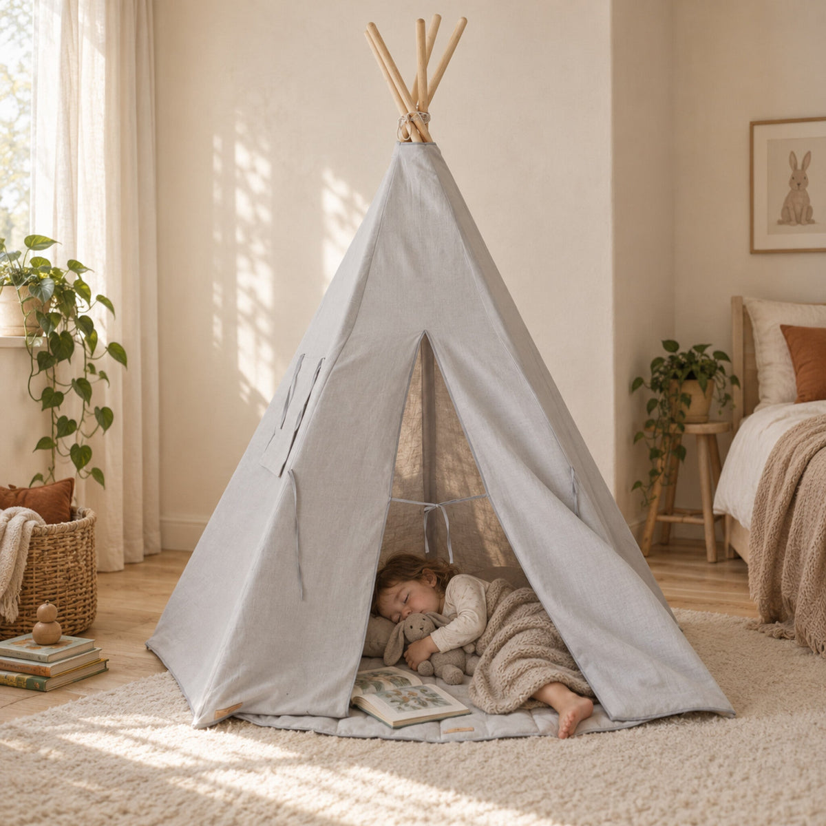 Child resting inside the Pigeon Grey Linen kids teepee