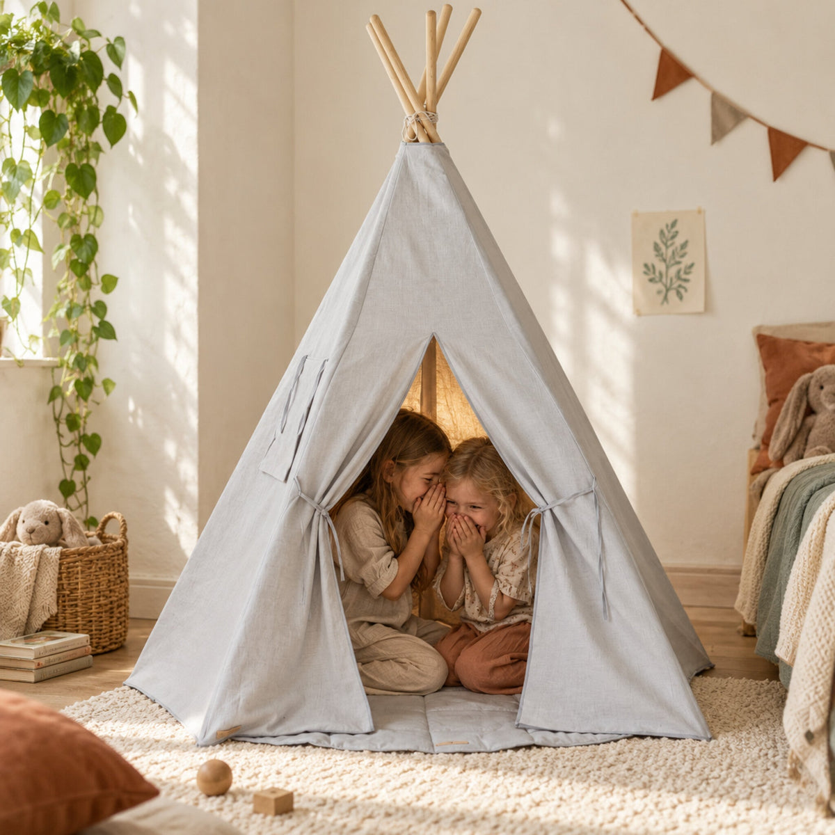 Two children sharing a secret inside the Pigeon Grey Linen kids teepee