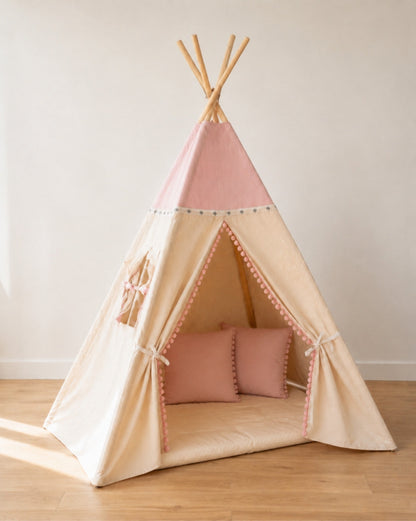 Pink Kids Teepee – Cosy set with padded mat and two cushions