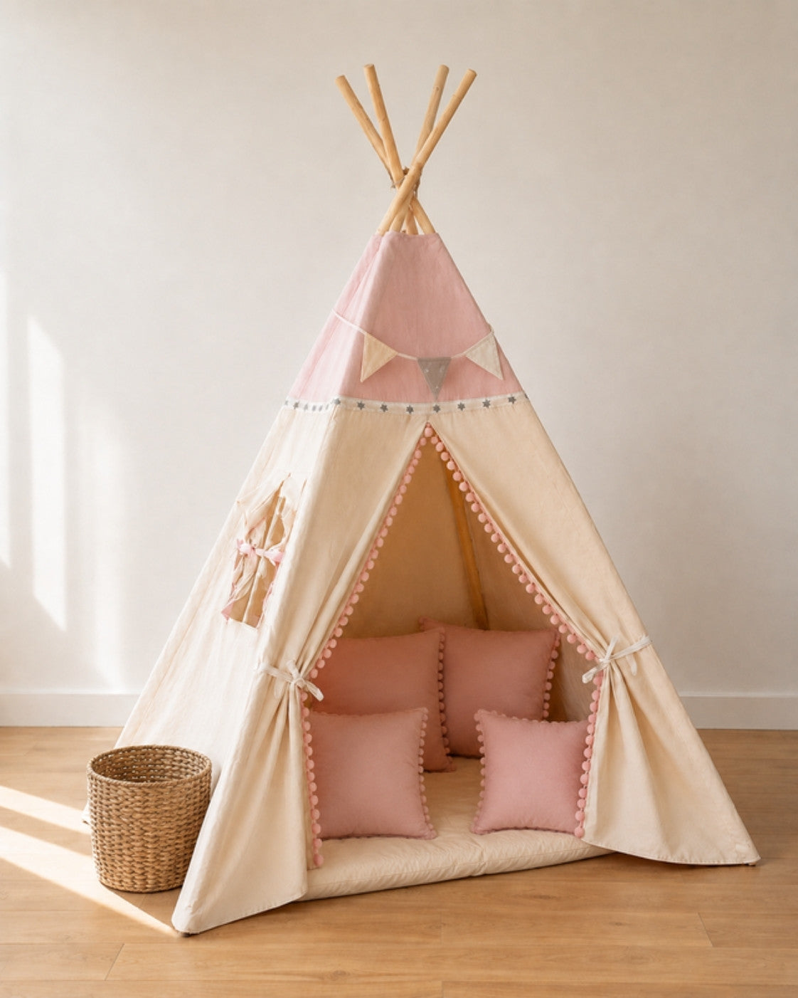 Pink Kids Teepee – Full den set with mat, cushions, bunting and storage basket