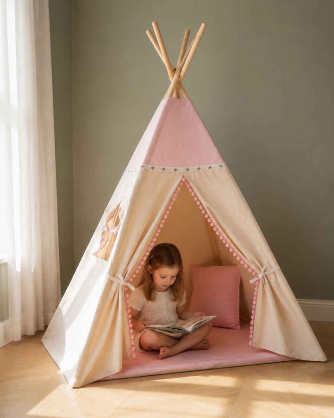 Pink Kids Teepee – in a child's bedroom