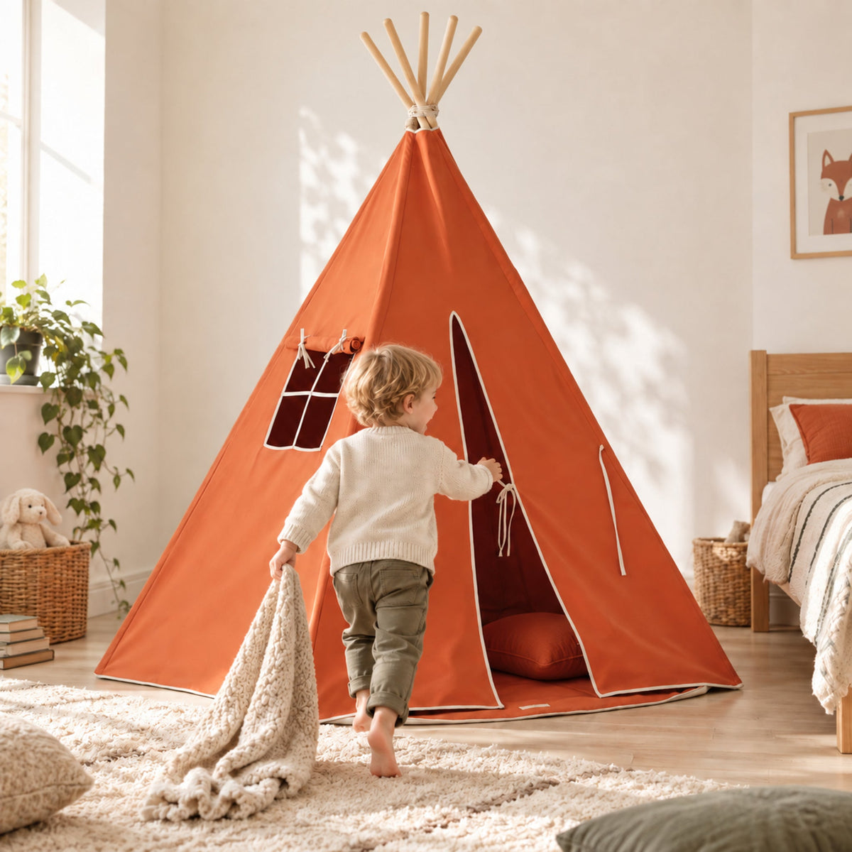 Red Fox terracotta kids teepee set up in a child's bedroom