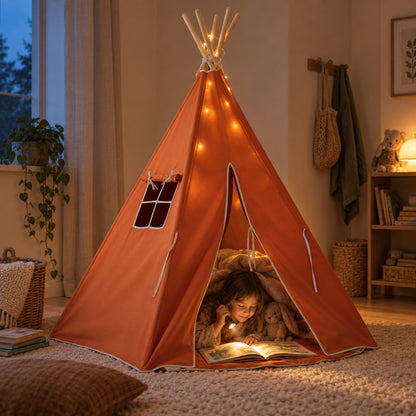 Child hiding inside the Red Fox kids teepee