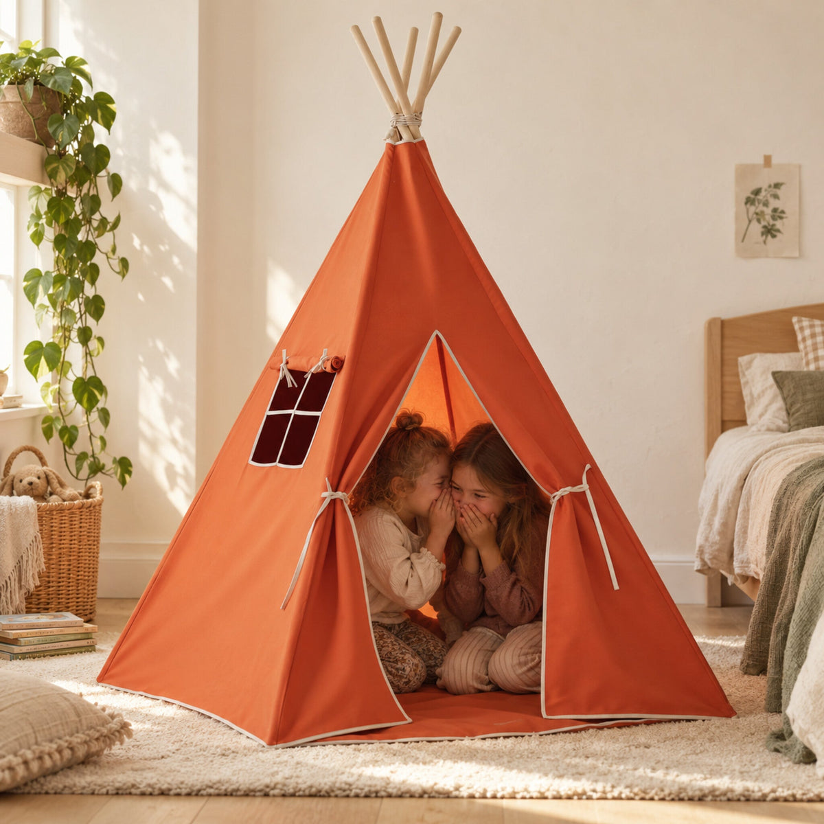 Two children sharing a secret inside the Red Fox kids teepee