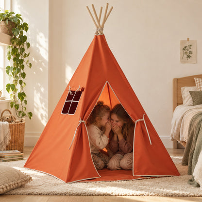 Two children sharing a secret inside the Red Fox kids teepee