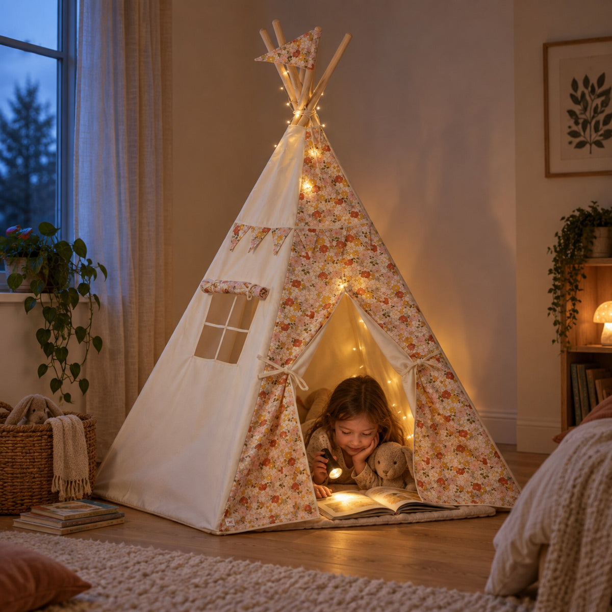 Child hiding inside the Spring Garden kids teepee