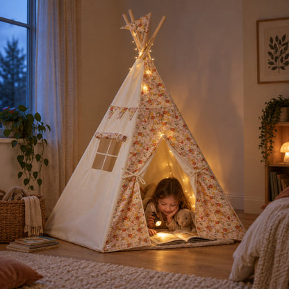 Child hiding inside the Spring Garden kids teepee