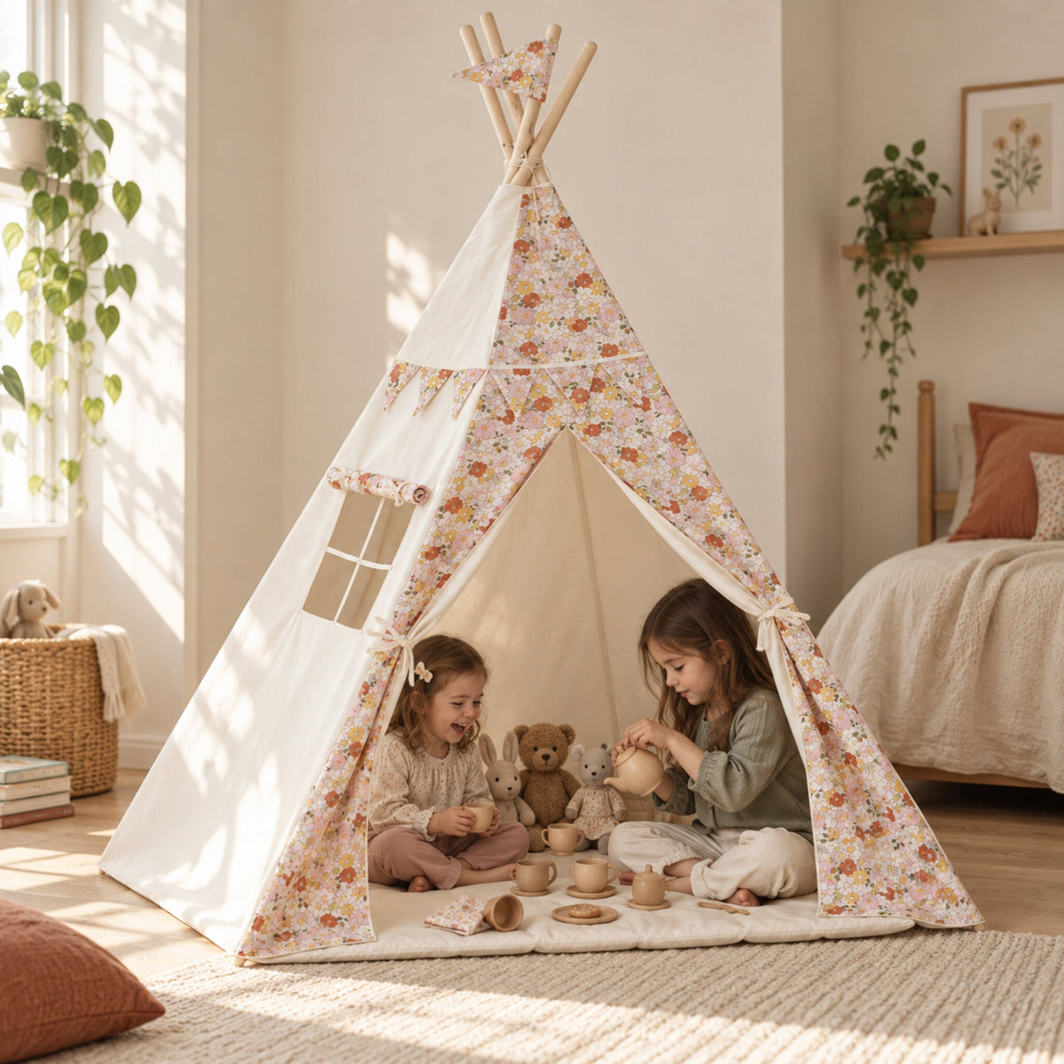 Children playing inside the Spring Garden kids teepee