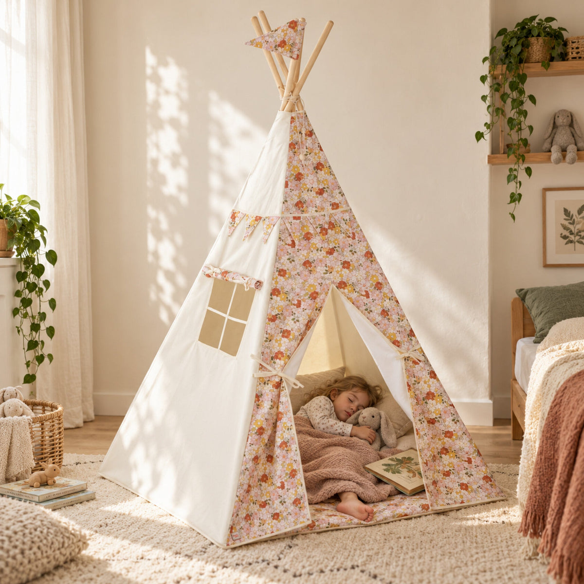 Child resting inside the Spring Garden kids teepee