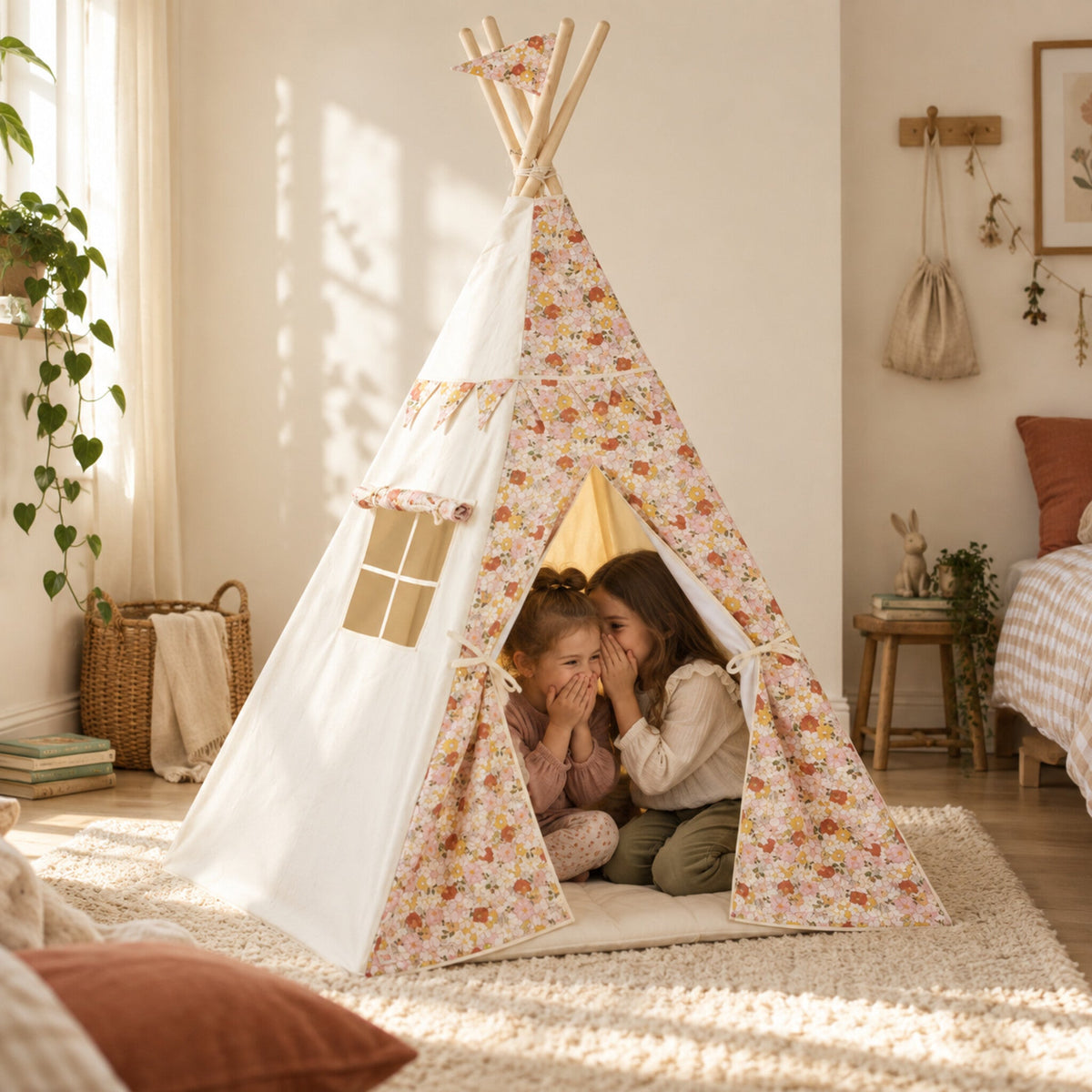 Two children sharing a secret inside the Spring Garden kids teepee