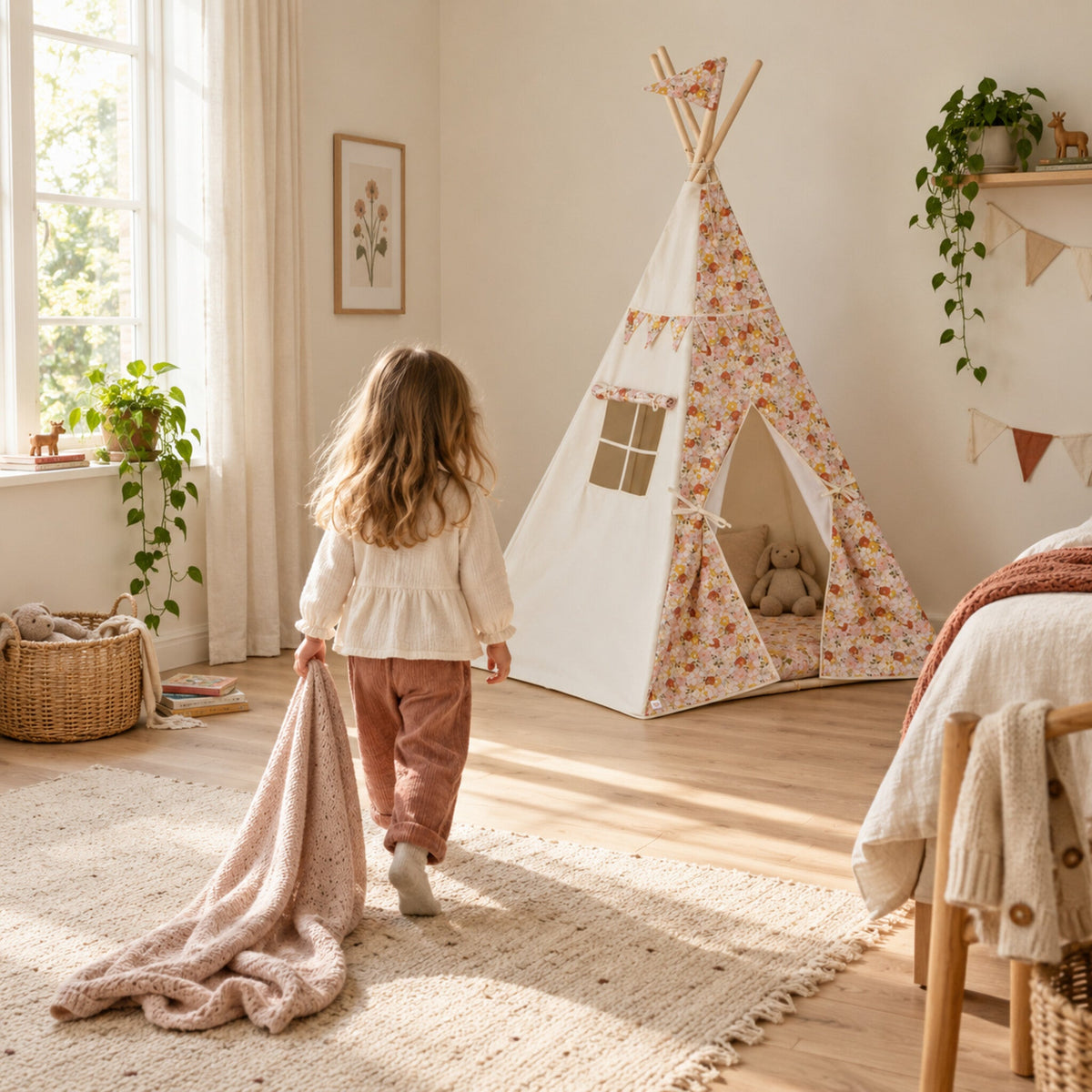 Child walking towards the Spring Garden kids teepee