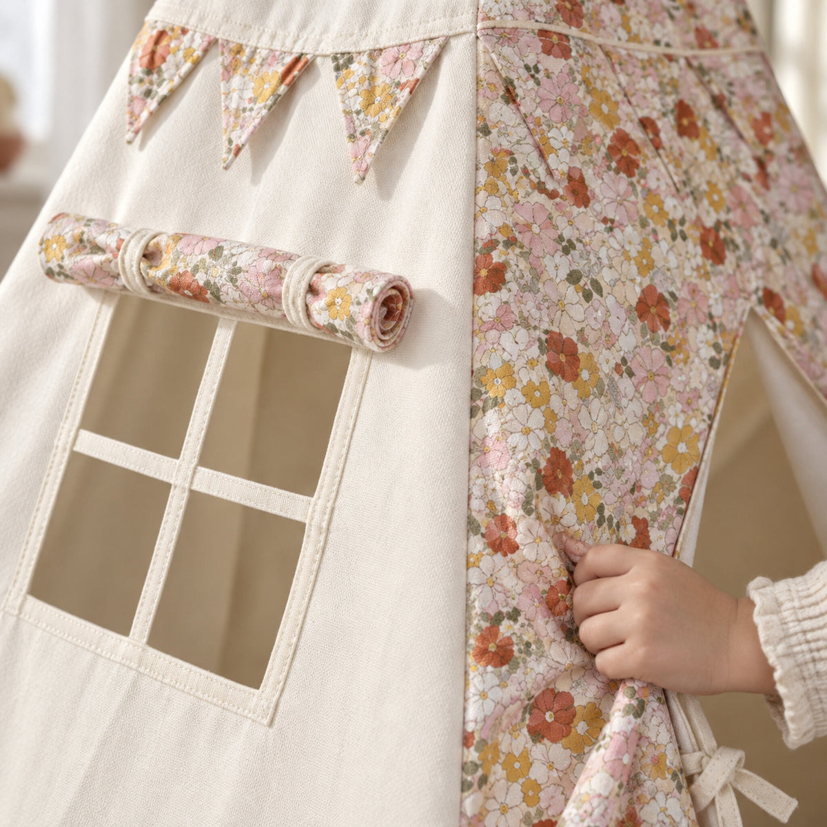 Close-up of the Spring Garden floral panel and cream cotton