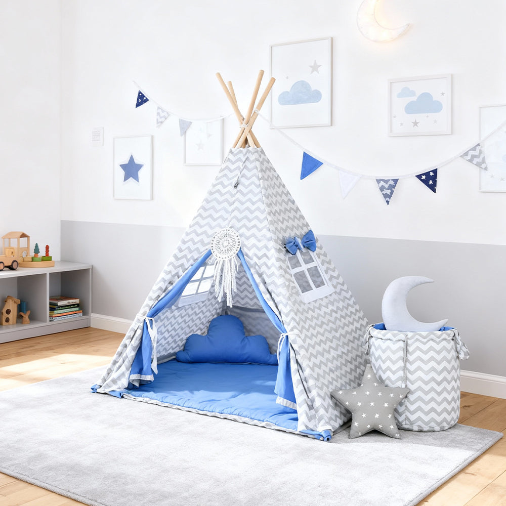 Blue & Grey Kids Teepee — cotton canvas play teepee for children