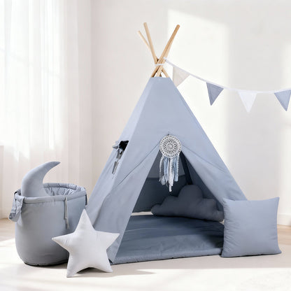 Mist Blue Kids Teepee styled with the padded mat and cushions