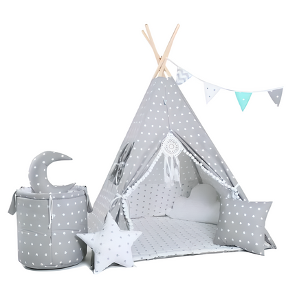 Grey Star Print Kids Teepee — cotton canvas play teepee for children