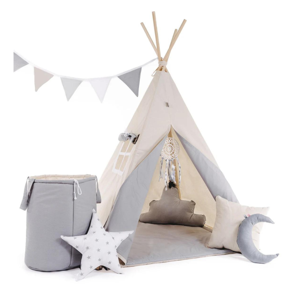 Two-Tone Grey & Beige Kids Teepee — cotton canvas play teepee for children