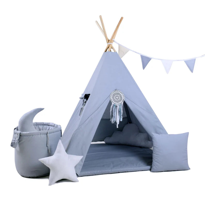 Dove Grey Kids Teepee with storage basket and garland from the Full den set