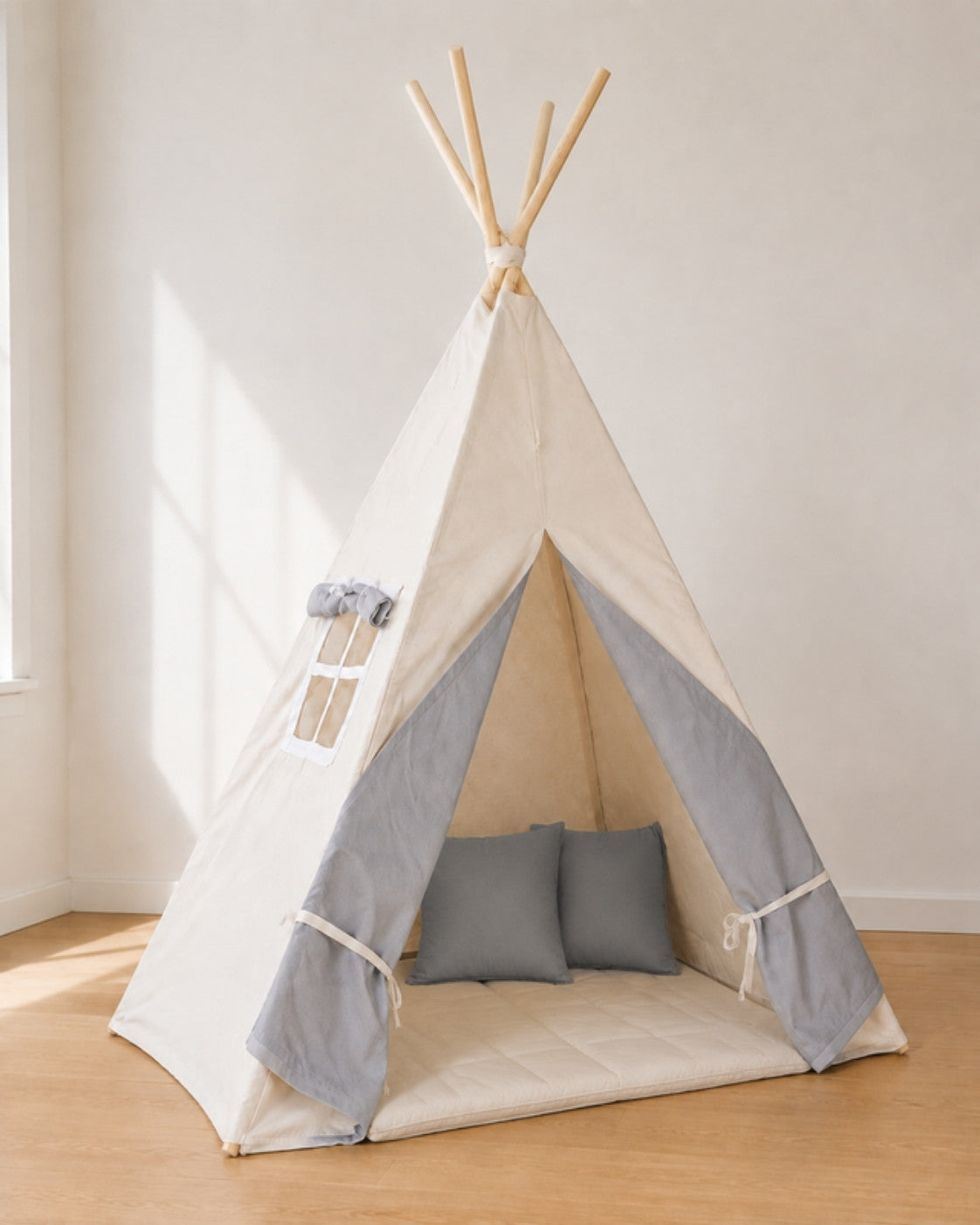 Two-Tone Grey & Beige Kids Teepee – Cosy set with padded mat and two cushions