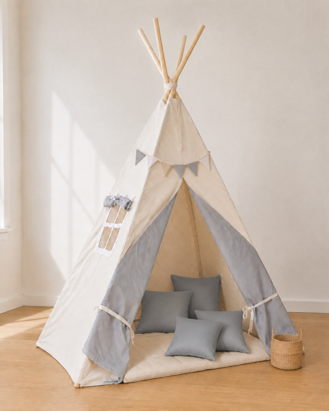 Two-Tone Grey & Beige Kids Teepee – Full den set with mat, cushions, bunting and storage basket