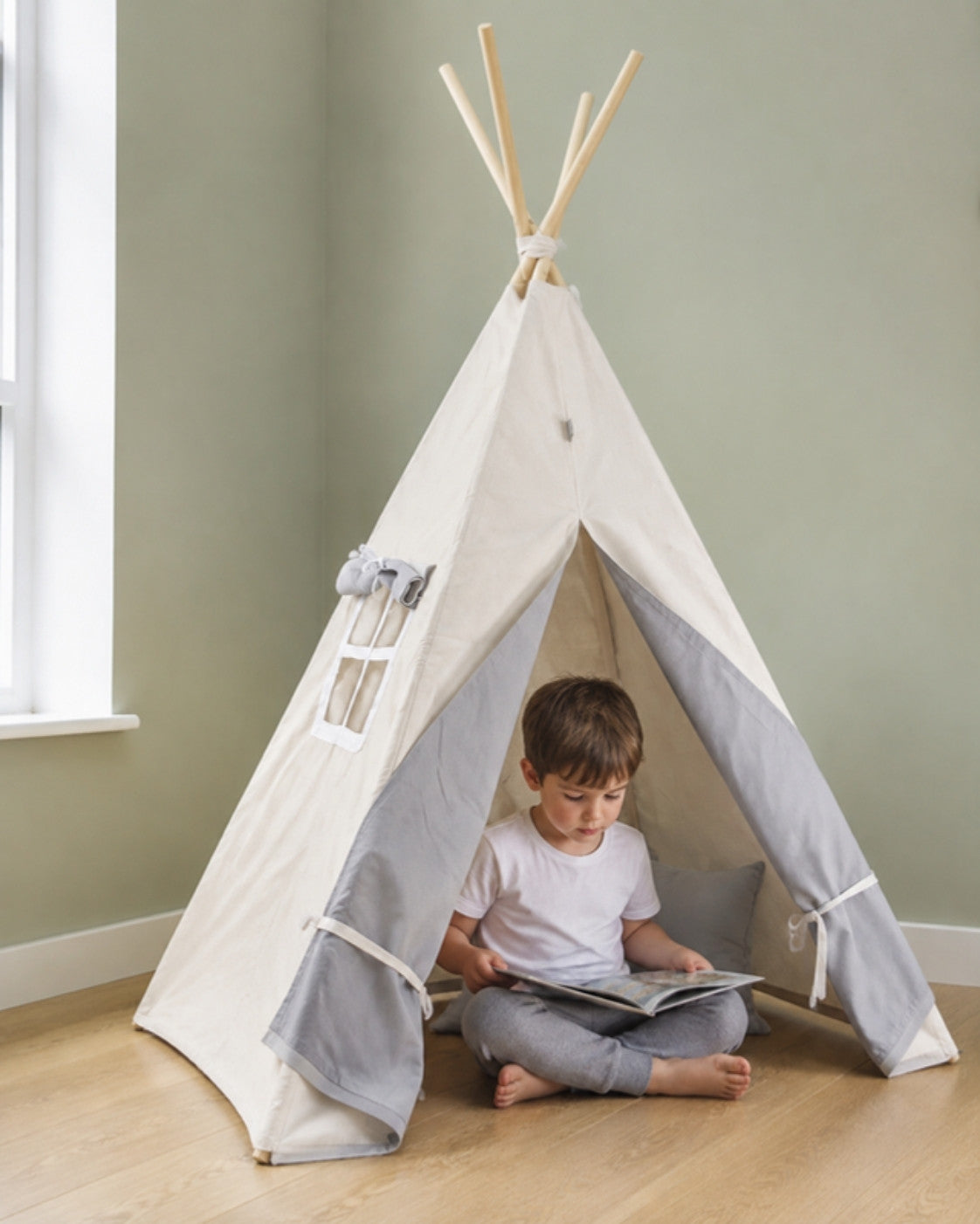 Two-Tone Grey & Beige Kids Teepee – in a child's bedroom