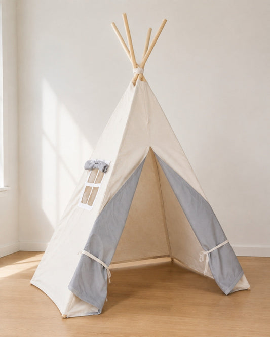 Two-Tone Grey & Beige Kids Teepee — cotton canvas kids teepee tent on solid pine poles