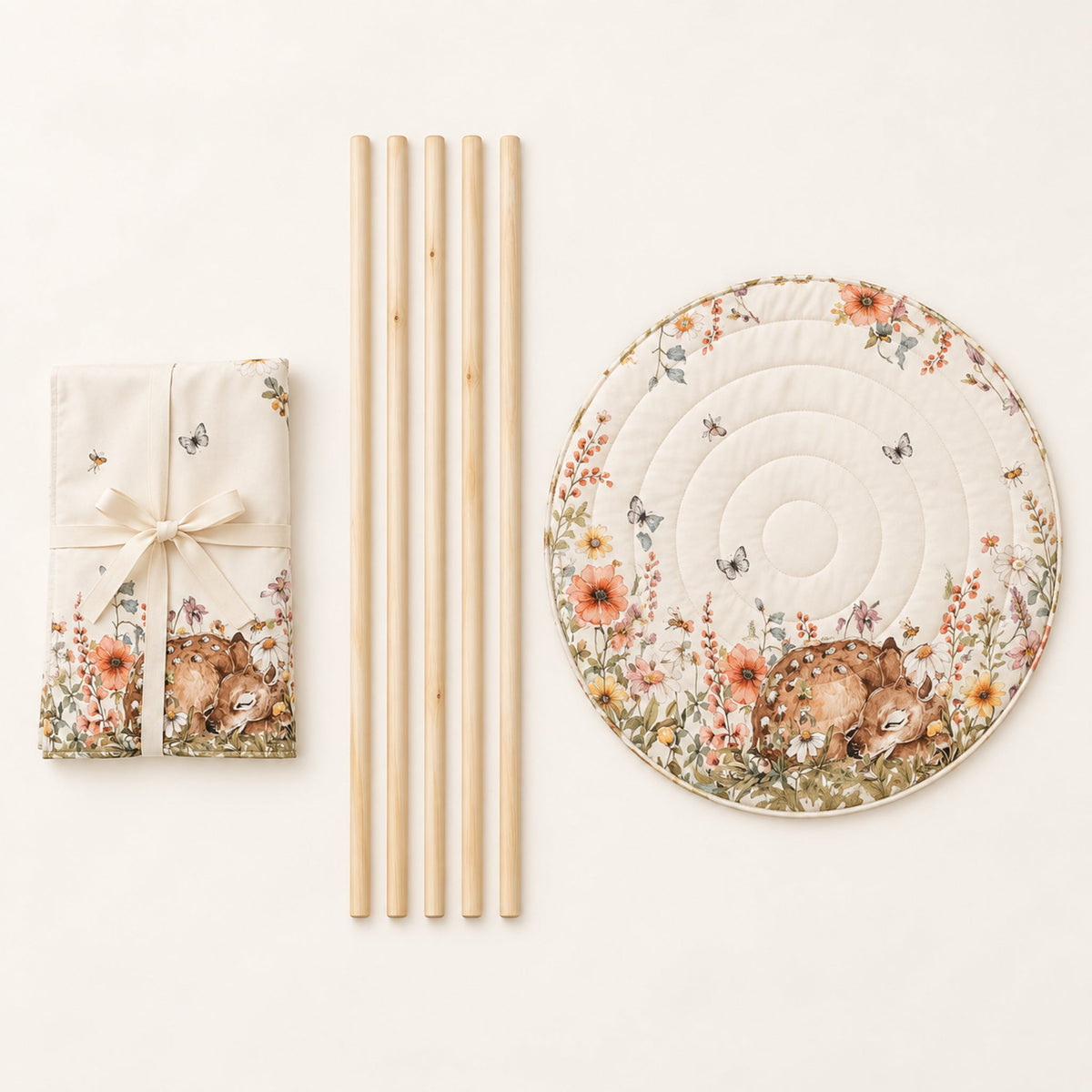 What comes in the box: folded canvas, five pine poles and the round padded mat