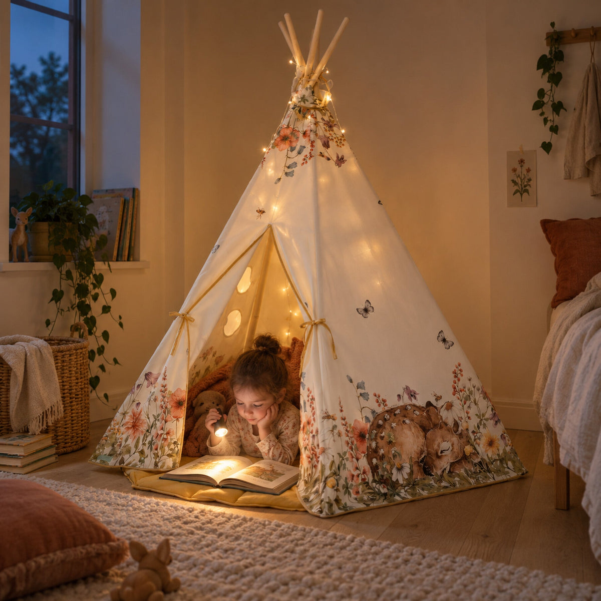 Child hiding inside the Wildflower kids teepee