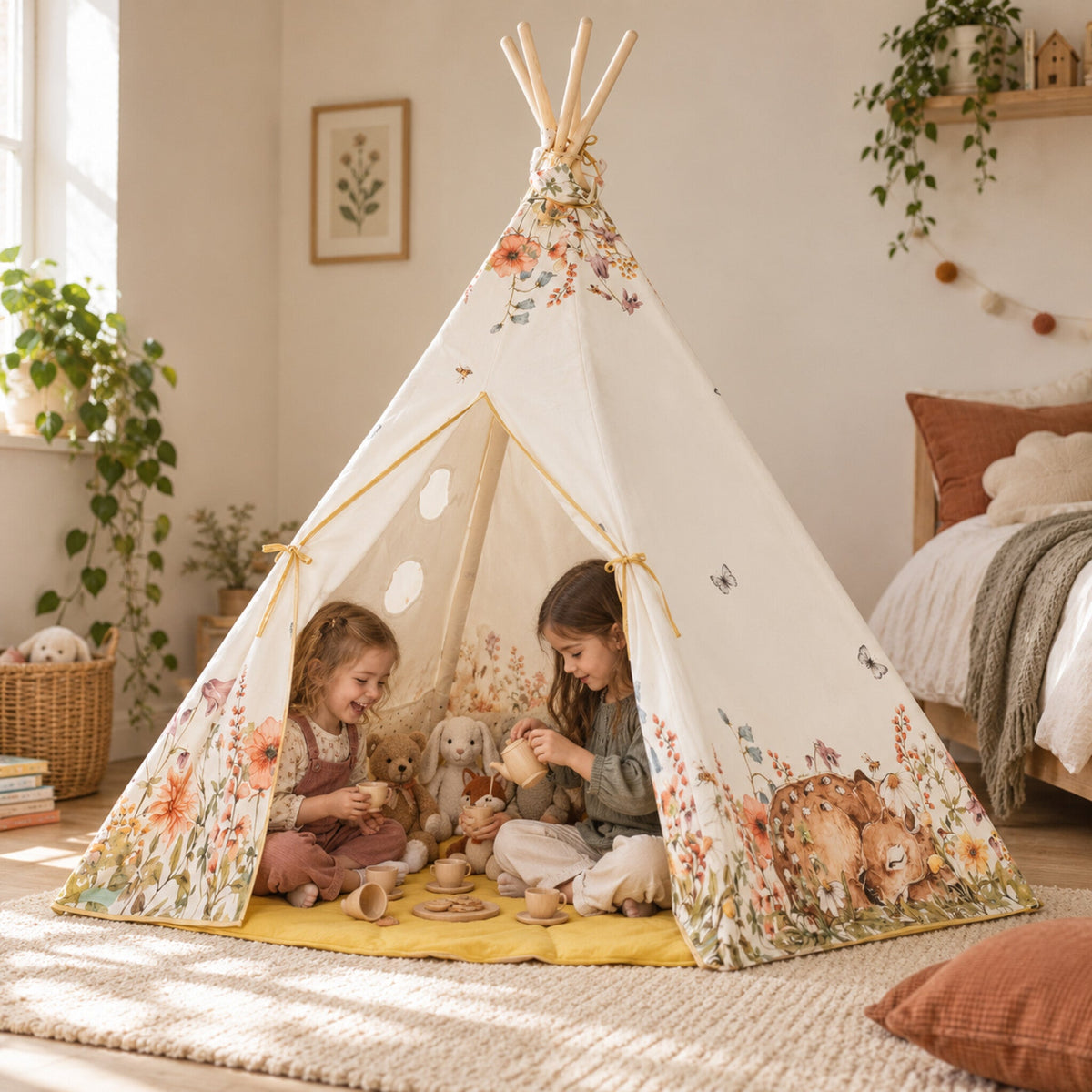 Children playing inside the Wildflower kids teepee