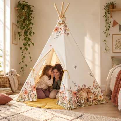 Two children sharing a secret inside the Wildflower kids teepee
