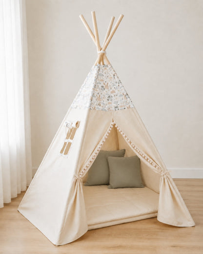 Woodland Animal Kids Teepee – Cosy set with padded mat and two cushions