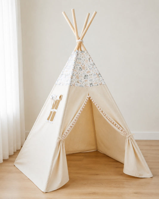 Woodland Animal Kids Teepee — cotton canvas kids teepee tent on solid pine poles