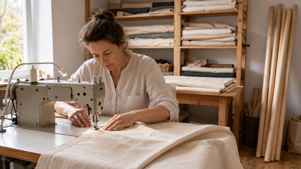 Seamstress sewing cotton canvas in the workshop
